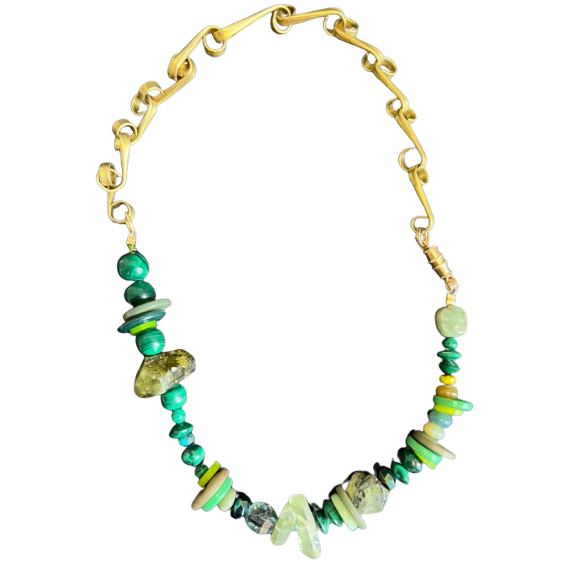 Affinity Chain Necklace: Malachite stone, pearl, and vintage buttons