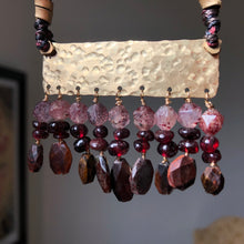 Load image into Gallery viewer, Measure Necklace: Brass ruler adorned with tassels of garnet, quartz and tigers eye stones