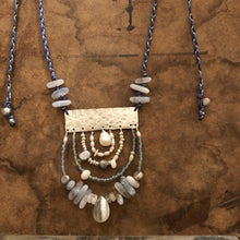 Load image into Gallery viewer, Measure Necklace: Sterling silver ruler with blue lace agate, pearl, and opal adornment
