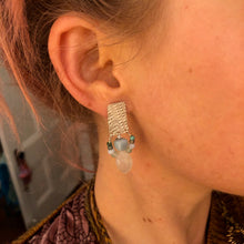 Load image into Gallery viewer, Tassel Earrings: Textured sterling silver with a tassel of opal and chalcedony stone beads
