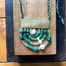 Load image into Gallery viewer, Measure Necklace: Brass ruler adorned with malachite, pearl, turquoise, Czech glass, chalcedony