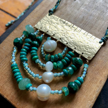 Load image into Gallery viewer, Measure Necklace: Brass ruler adorned with malachite, pearl, turquoise, Czech glass, chalcedony