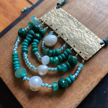 Load image into Gallery viewer, Measure Necklace: Brass ruler adorned with malachite, pearl, turquoise, Czech glass, chalcedony
