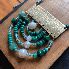 Load image into Gallery viewer, Measure Necklace: Brass ruler adorned with malachite, pearl, turquoise, Czech glass, chalcedony