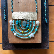 Load image into Gallery viewer, Measure Necklace: Brass ruler adorned with hand carved stone, malachite, pearl, Czech glass
