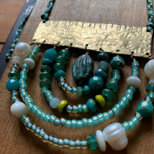 Load image into Gallery viewer, Measure Necklace: Brass ruler adorned with hand carved stone, malachite, pearl, Czech glass