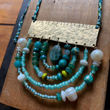 Load image into Gallery viewer, Measure Necklace: Brass ruler adorned with hand carved stone, malachite, pearl, Czech glass