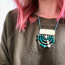 Load image into Gallery viewer, Measure Necklace: Brass ruler adorned with malachite, pearl, turquoise, Czech glass, chalcedony