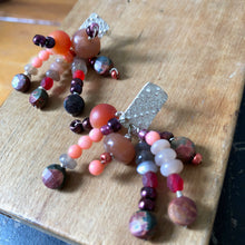 Load image into Gallery viewer, Tassel Earrings: Textured sterling silver post earrings with moonstones, jasper, coral, and check glass beads