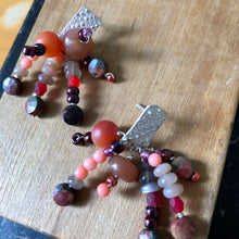 Load image into Gallery viewer, Tassel Earrings: Textured sterling silver post earrings with moonstones, jasper, coral, and check glass beads