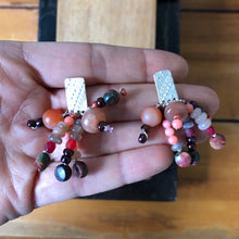 Load image into Gallery viewer, Tassel Earrings: Textured sterling silver post earrings with moonstones, jasper, coral, and check glass beads
