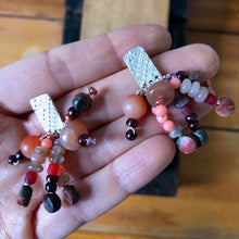 Load image into Gallery viewer, Tassel Earrings: Textured sterling silver post earrings with moonstones, jasper, coral, and check glass beads