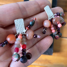 Load image into Gallery viewer, Tassel Earrings: Textured sterling silver post earrings with moonstones, jasper, coral, and check glass beads
