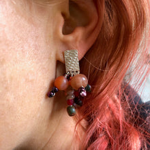 Load image into Gallery viewer, Tassel Earrings: Textured sterling silver post earrings with moonstones, jasper, coral, and check glass beads