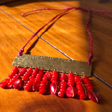 Load image into Gallery viewer, Measure Necklace: Brass ruler adorned with tassels of red coral beads