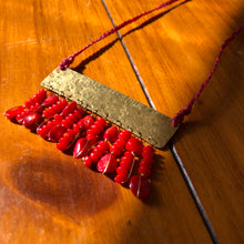 Load image into Gallery viewer, Measure Necklace: Brass ruler adorned with tassels of red coral beads