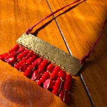 Load image into Gallery viewer, Measure Necklace: Brass ruler adorned with tassels of red coral beads