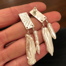 Load image into Gallery viewer, Tassel Earrings: Textured sterling silver post with tassels of white pearl sticks