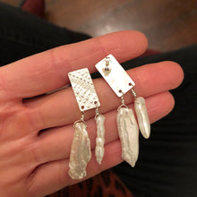 Load image into Gallery viewer, Tassel Earrings: Textured sterling silver post with tassels of white pearl sticks
