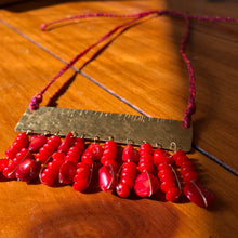 Load image into Gallery viewer, Measure Necklace: Brass ruler adorned with tassels of red coral beads