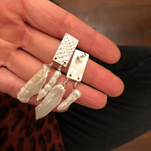Load image into Gallery viewer, Tassel Earrings: Textured sterling silver post with tassels of white pearl sticks