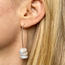 Load image into Gallery viewer, Long hook earring: sterling silver and white pearl discs
