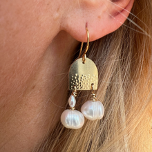 Load image into Gallery viewer, 14k gold fill mini Doors of Possibility earrings with textured gold door and pearl tassels
