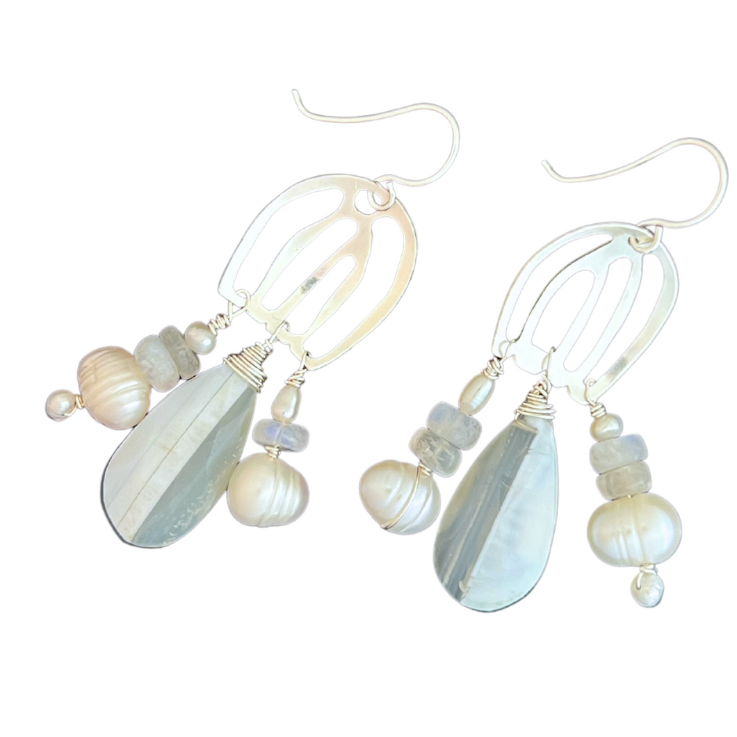 Doors of Possibility earrings with pierced sterling silver door with moonstone and blue lace agate