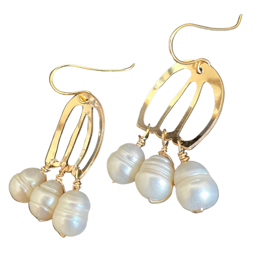 14k Gold Fill - Doors of Possibility earrings with pierced door shape and white freshwater pearl tassels