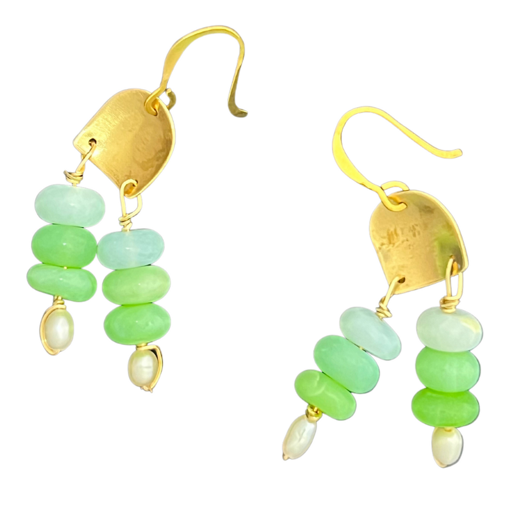 mini Doors of Possibility earrings with textured nugold door and green opal tassels