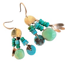Load image into Gallery viewer, Mini Doors of Possibility earrings with pierced brass door and turquoise and green/blue opal stone tassels
