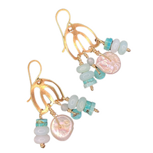 Load image into Gallery viewer, Doors of Possibility earrings with pierced brass door with pearl and green/blue opal stone tassels
