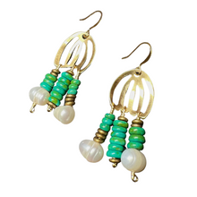 Load image into Gallery viewer, Doors of Possibility earrings with pierced brass door with pearl and green/blue stone tassels
