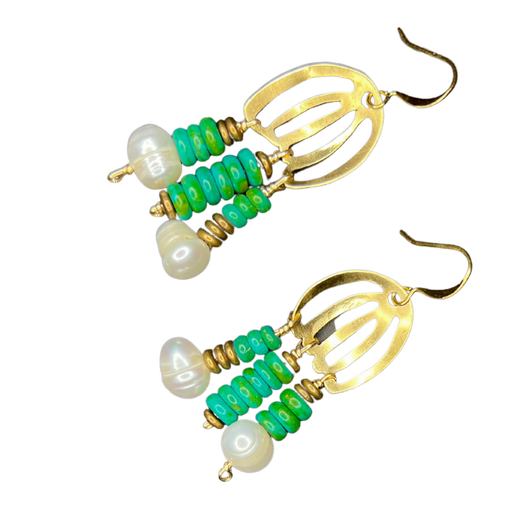 Doors of Possibility earrings with pierced brass door with pearl and green/blue stone tassels