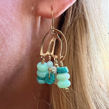 Load image into Gallery viewer, Doors of Possibility earrings with pierced brass door with pearl and green/blue opal stone tassels

