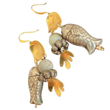 Load image into Gallery viewer, Doors of Possibility earrings with brass door and fish and hand tassels.
