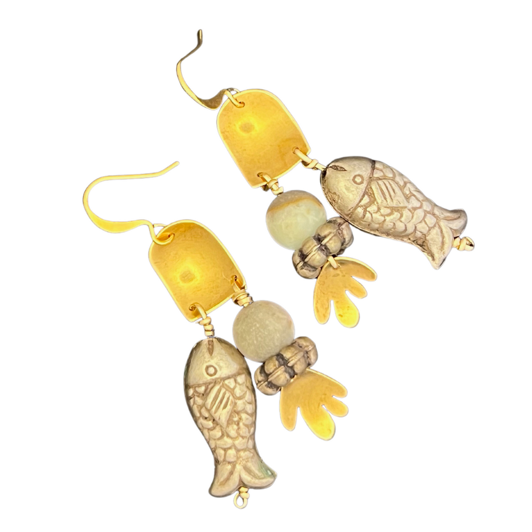 Doors of Possibility earrings with brass door and fish and hand tassels.