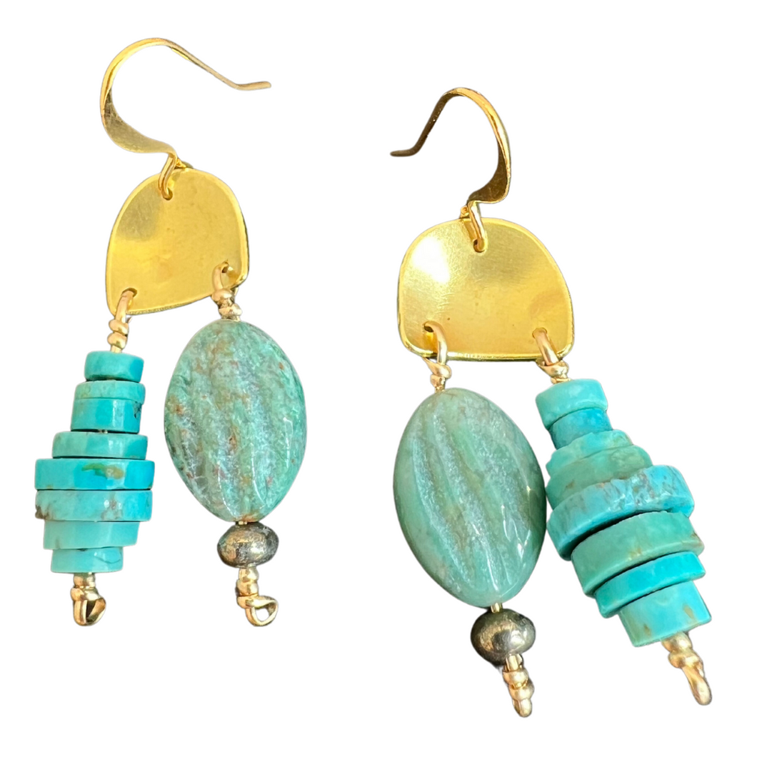 Mini Doors of Possibility earrings with brass door with turquoise, pyrite and carved stone tassels.