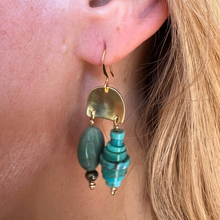Load image into Gallery viewer, Mini Doors of Possibility earrings with brass door with turquoise, pyrite and carved stone tassels.
