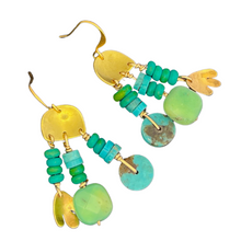 Load image into Gallery viewer, Mini Doors of Possibility earrings with pierced brass door and turquoise and green/blue opal stone tassels
