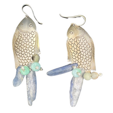Load image into Gallery viewer, Growth Earrings: Fish with kyanite, chalcedony, opal, pearl

