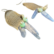 Load image into Gallery viewer, Growth Earrings: Fish with kyanite, chalcedony, opal, pearl
