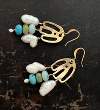 Load image into Gallery viewer, Doors of Possibility earrings with pierced brass door and pearl and green/blue opal stone tassels
