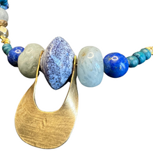 Load image into Gallery viewer, Container Necklace: Recycled glass bead, brass container, lapis, chalcedony, wood
