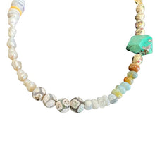 Load image into Gallery viewer, Take Flight necklace with turquoise, pearl, opal, vintage hand painted beads and buttons, and quartz
