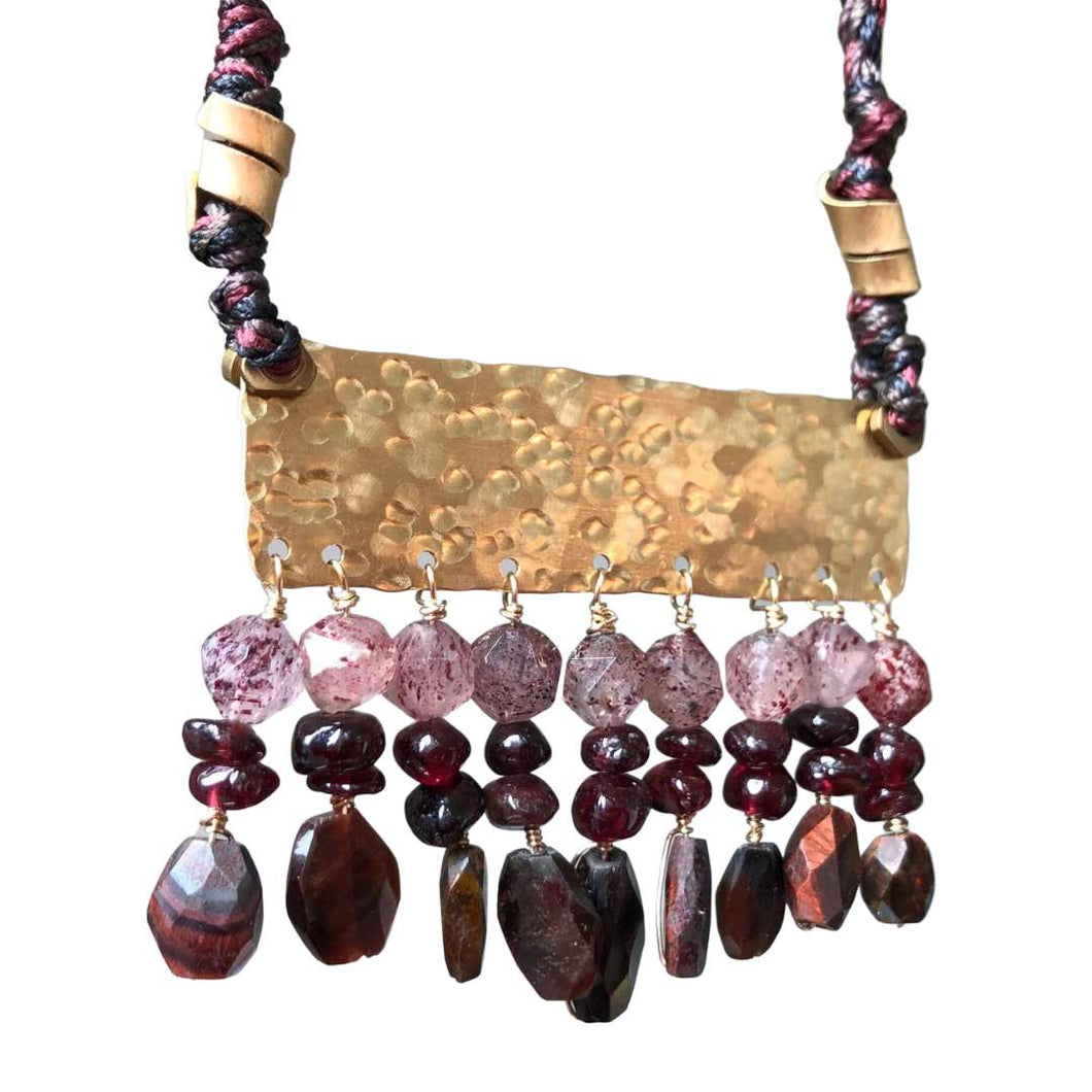 Measure Necklace: Brass ruler adorned with tassels of garnet, quartz and tigers eye stones