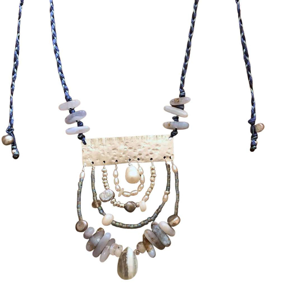 Measure Necklace: Sterling silver ruler with blue lace agate, pearl, and opal adornment