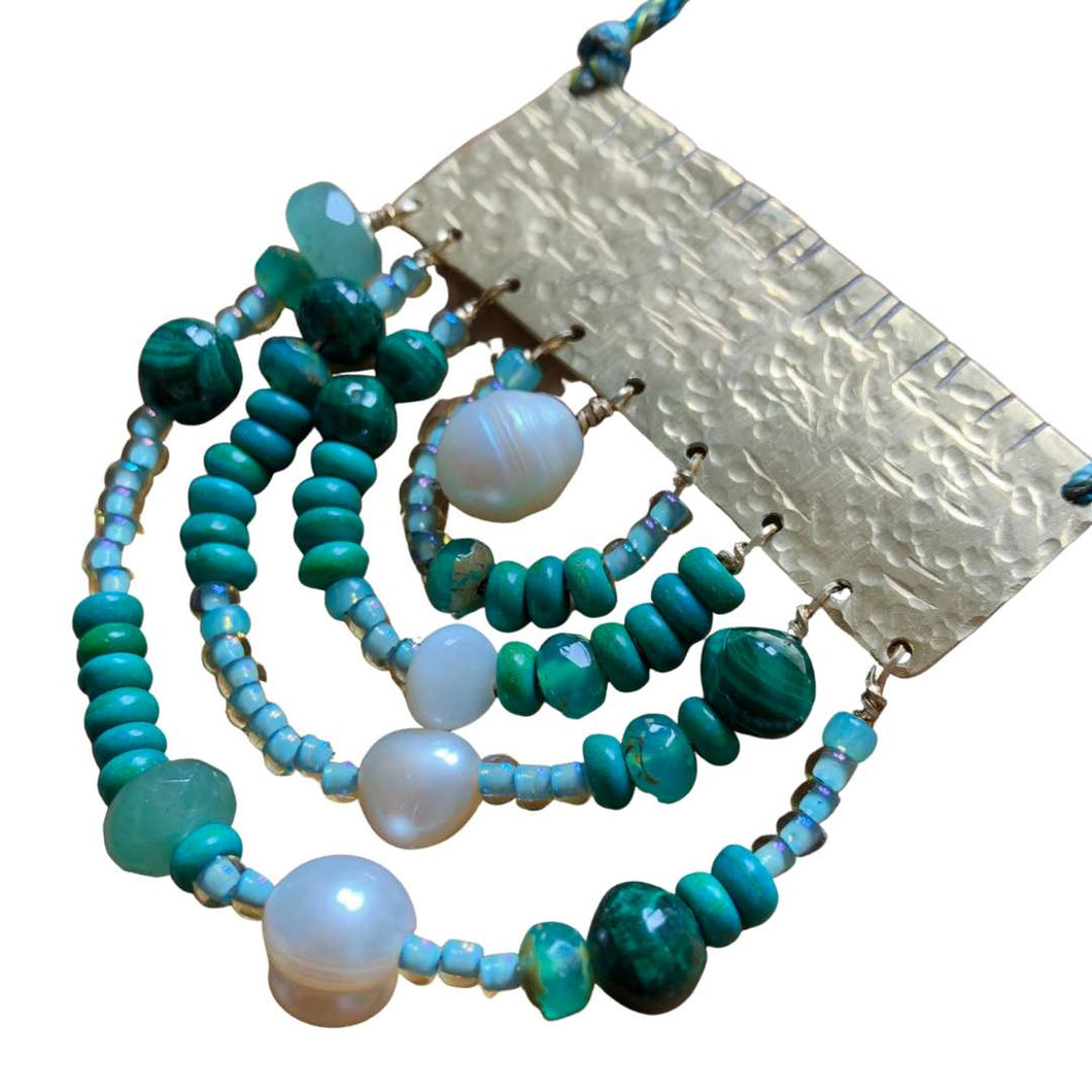 Measure Necklace: Brass ruler adorned with malachite, pearl, turquoise, Czech glass, chalcedony