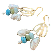 Load image into Gallery viewer, Doors of Possibility earrings with pierced brass door and pearl and green/blue opal stone tassels
