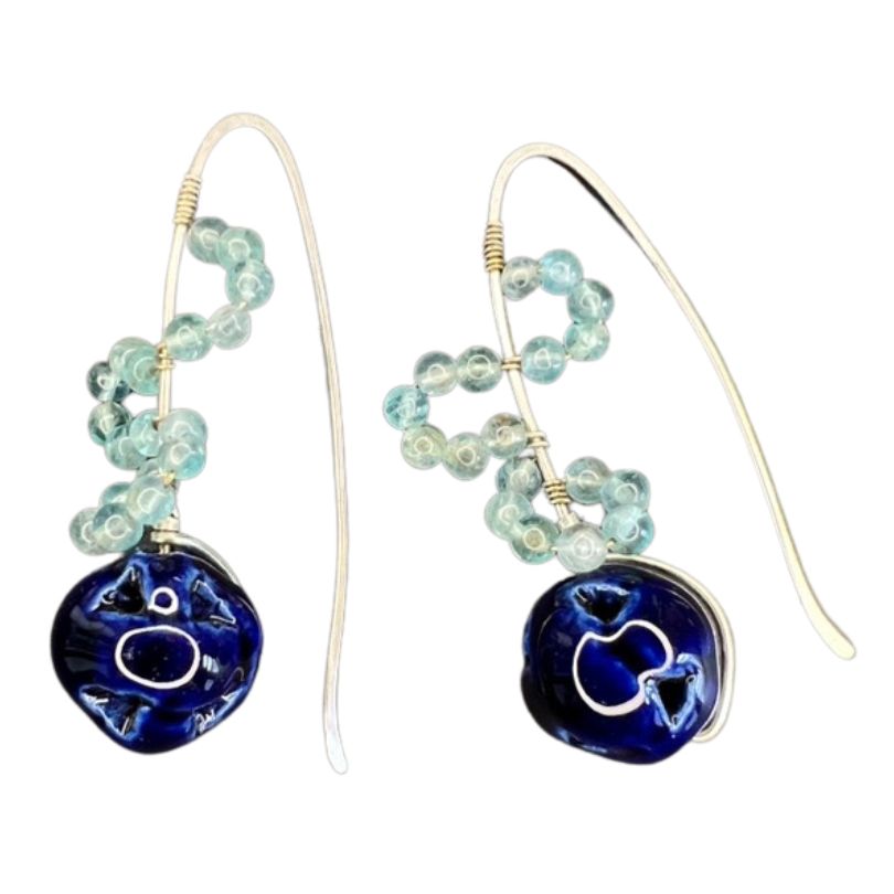 Earrings: Vintage carved blue ceramic bead and jasper stones
